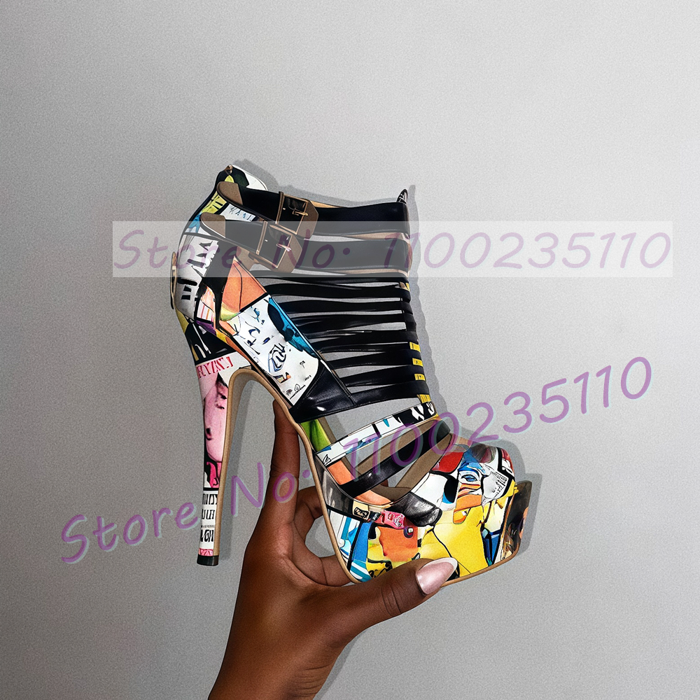 Colorful Graffiti Black Strapp - Strappy Heeled Sandals reseña y precio
