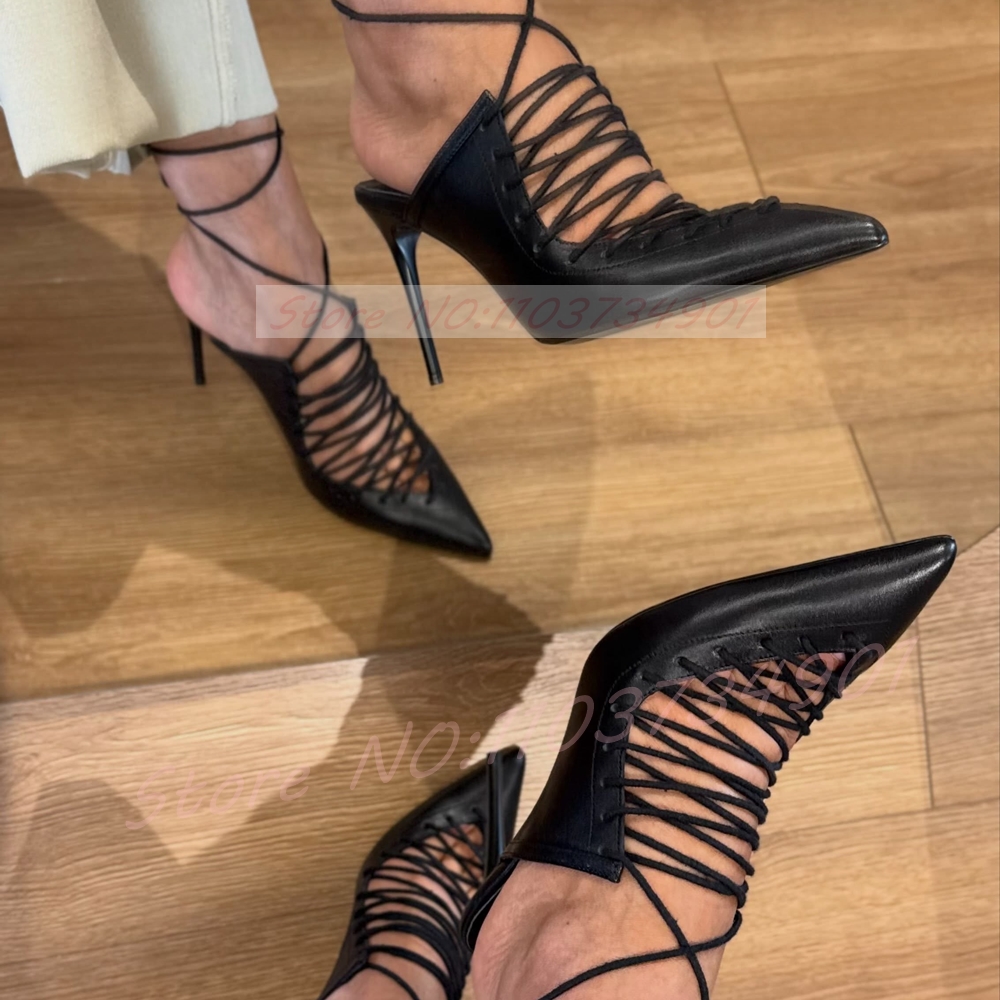 Black Lace-up Wrap Around Sand - Strappy Heeled Sandals reseña y precio